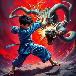 A dynamic scene featuring a young karate boy in a blue gi, showcasing his determination as he engages in a fierce battle with a Gorgon monster from Greek mythology