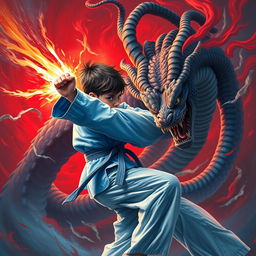 A dynamic scene featuring a young karate boy in a blue gi, showcasing his determination as he engages in a fierce battle with a Gorgon monster from Greek mythology