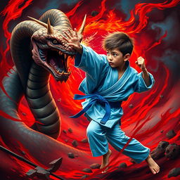 A dynamic scene featuring a young karate boy in a blue gi, showcasing his determination as he engages in a fierce battle with a Gorgon monster from Greek mythology