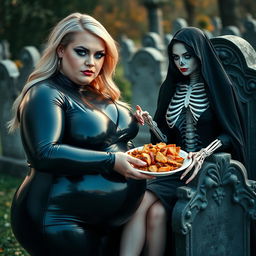 A photographic image depicting a fat, shapely, beautiful young woman with striking blond hair, dressed in a very tight black latex catsuit that accentuates her figure