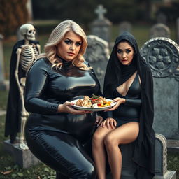 A photographic image depicting a fat, shapely, beautiful young woman with striking blond hair, dressed in a very tight black latex catsuit that accentuates her figure