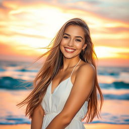 A stunning portrait of a confident young woman with long flowing hair, wearing a stylish summer dress, smiling radiantly