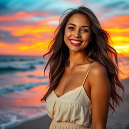 A stunning portrait of a confident young woman with long flowing hair, wearing a stylish summer dress, smiling radiantly