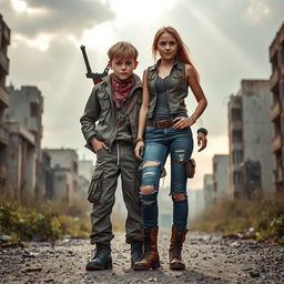 A dynamic duo of a boy and girl in a post-apocalyptic setting, showcasing their survival outfits