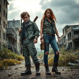 A dynamic duo of a boy and girl in a post-apocalyptic setting, showcasing their survival outfits