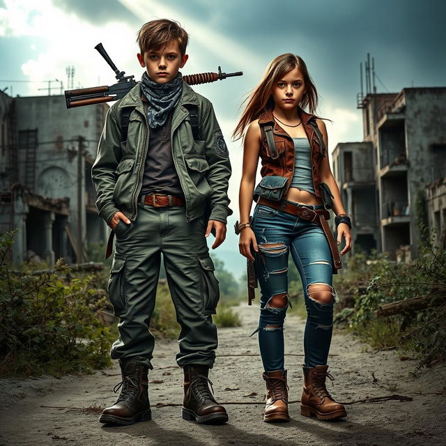 A dynamic duo of a boy and girl in a post-apocalyptic setting, showcasing their survival outfits