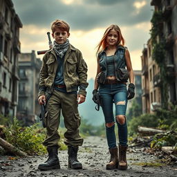A dynamic duo of a boy and girl in a post-apocalyptic setting, showcasing their survival outfits