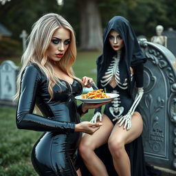 A photographic image showcasing a shapely, beautiful young woman with striking blond hair, dressed in a very tight black latex catsuit that emphasizes her curves