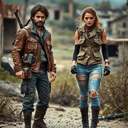 A man and a young woman dressed in post-apocalyptic survival outfits, surrounded by a desolate landscape