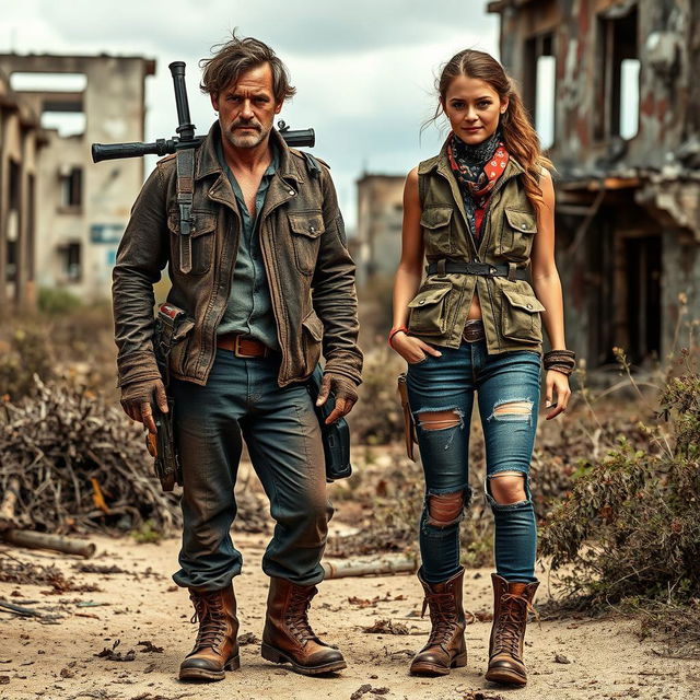 A man and a young woman dressed in post-apocalyptic survival outfits, surrounded by a desolate landscape