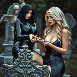 A photographic image featuring a thick, curvy, and shapely beautiful young woman with striking blond hair, elegantly dressed in a very tight black latex catsuit that accentuates her figure