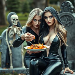A photographic image featuring a thick, curvy, and shapely beautiful young woman with striking blond hair, elegantly dressed in a very tight black latex catsuit that accentuates her figure