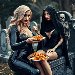 A photographic image featuring a thick, curvy, and shapely beautiful young woman with striking blond hair, elegantly dressed in a very tight black latex catsuit that accentuates her figure
