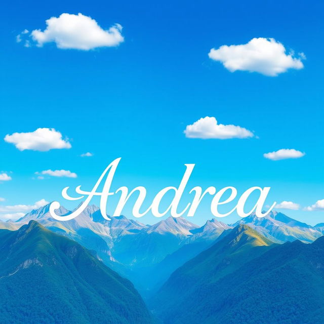 The name 'Andrea' prominently displayed in an artistic manner, set against a breathtaking backdrop of majestic mountains rising high into a clear blue sky, adorned with fluffy white clouds floating peacefully