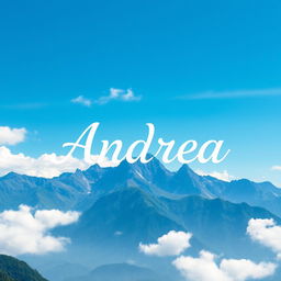 The name 'Andrea' prominently displayed in an artistic manner, set against a breathtaking backdrop of majestic mountains rising high into a clear blue sky, adorned with fluffy white clouds floating peacefully