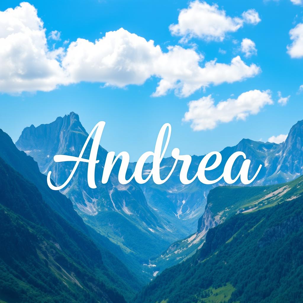 The name 'Andrea' prominently displayed in an artistic manner, set against a breathtaking backdrop of majestic mountains rising high into a clear blue sky, adorned with fluffy white clouds floating peacefully