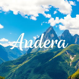 The name 'Andrea' prominently displayed in an artistic manner, set against a breathtaking backdrop of majestic mountains rising high into a clear blue sky, adorned with fluffy white clouds floating peacefully