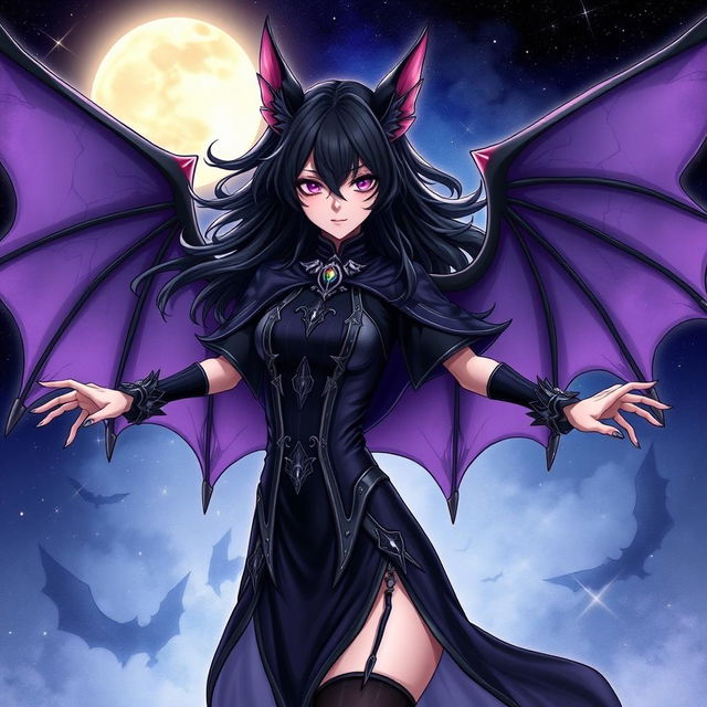 A striking illustration of a female character embodying a bat-themed design