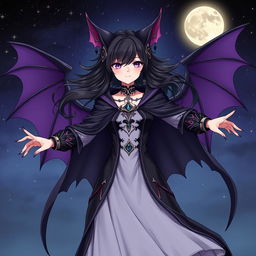 A striking illustration of a female character embodying a bat-themed design