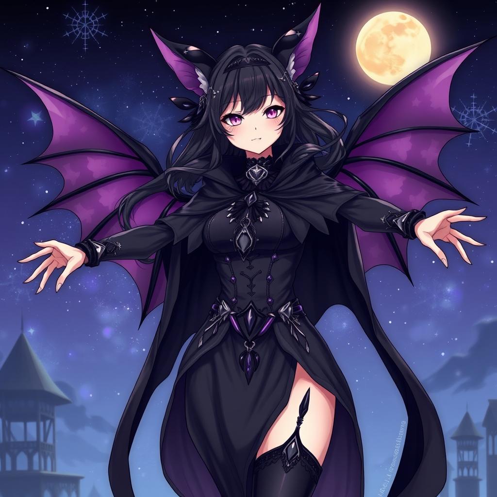 A striking illustration of a female character embodying a bat-themed design