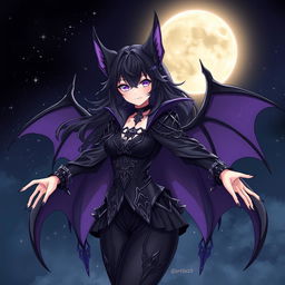 A striking illustration of a female character embodying a bat-themed design
