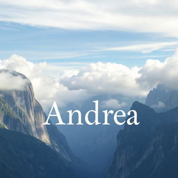 The name 'Andrea' presented in a somewhat small, delicate font, set against a stunning backdrop of towering mountains and softly drifting clouds