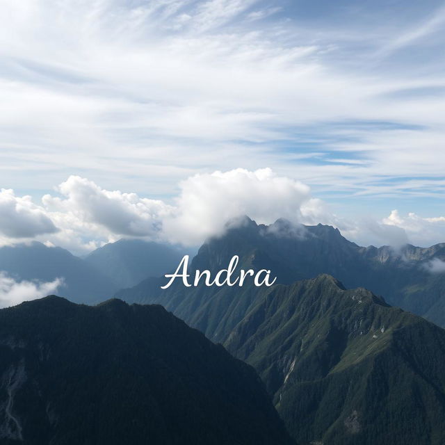 The name 'Andrea' presented in a somewhat small, delicate font, set against a stunning backdrop of towering mountains and softly drifting clouds