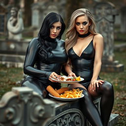 A photographic image featuring a thick, curvy, shapely, beautiful young woman with glamorous blond hair, dressed in a very tight black latex catsuit that highlights her figure