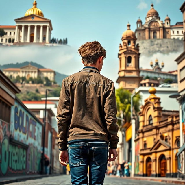 A tall, slim 16-year-old white male walking backwards in various parts of Bogotá, Colombia