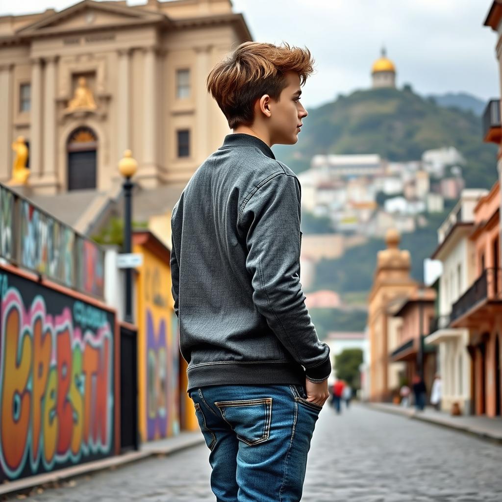 A tall, slim 16-year-old white male walking backwards in various parts of Bogotá, Colombia