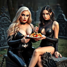 A photographic image featuring a thick, curvy, shapely, beautiful young woman with stunning blond hair, dressed in a very tight black latex catsuit that accentuates her figure