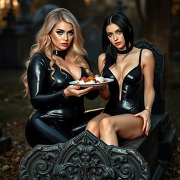 A photographic image featuring a thick, curvy, shapely, beautiful young woman with stunning blond hair, dressed in a very tight black latex catsuit that accentuates her figure