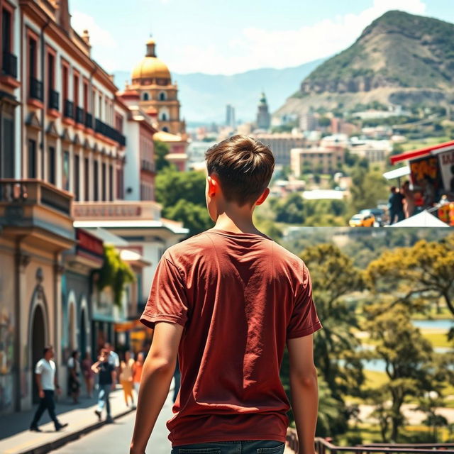 A tall, slender 16-year-old white male walking backwards through various iconic locations in Bogotá