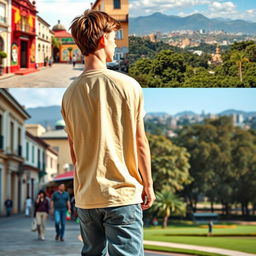A tall, slender 16-year-old white male walking backwards through various iconic locations in Bogotá