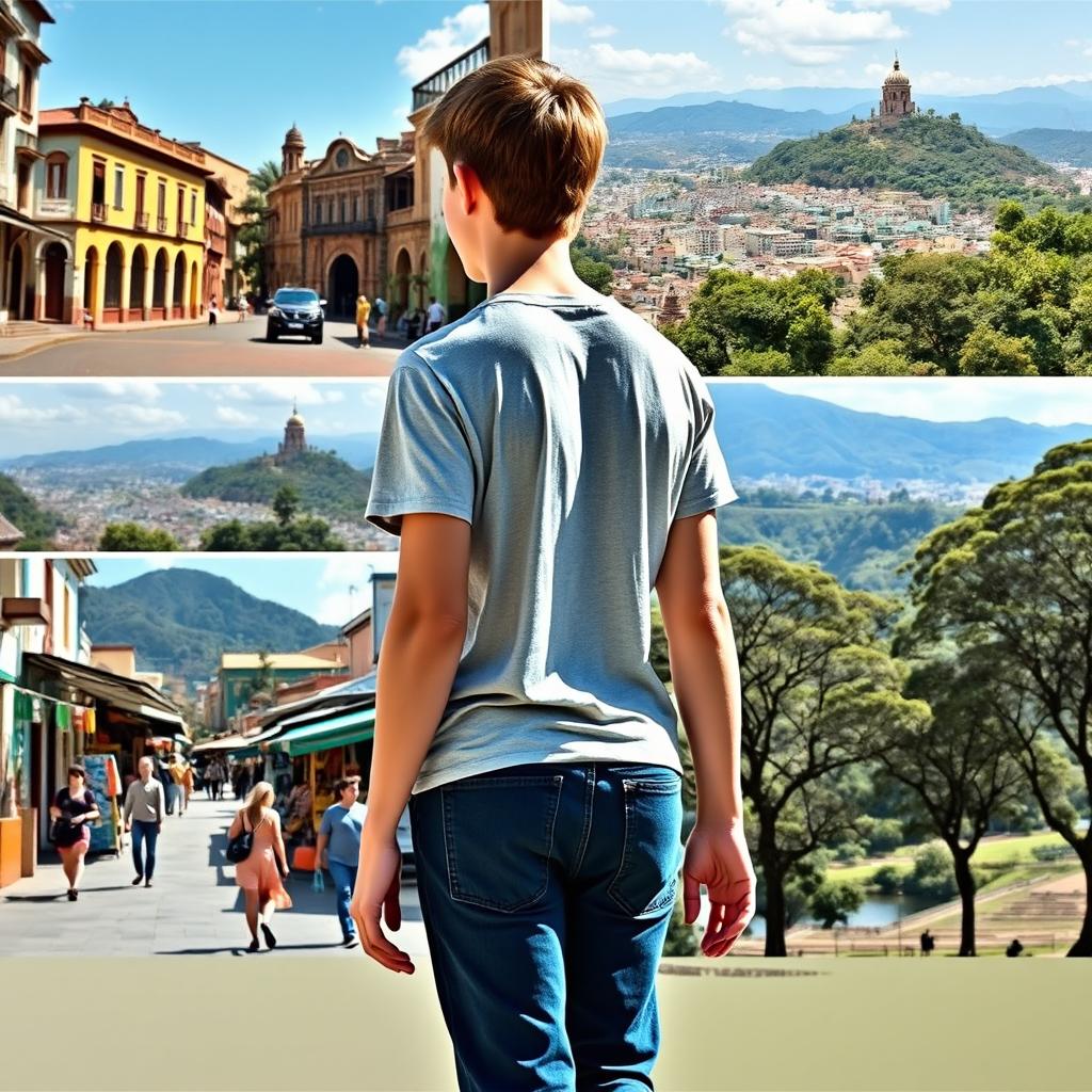 A tall, slender 16-year-old white male walking backwards through various iconic locations in Bogotá