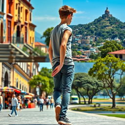 A tall, slender 16-year-old white male walking backwards through various iconic locations in Bogotá