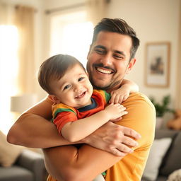 A warm, emotional scene of a father holding his child in a loving embrace