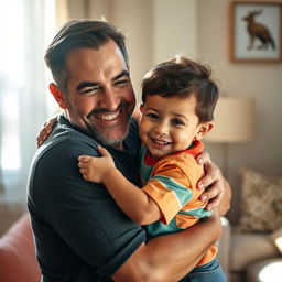 A warm, emotional scene of a father holding his child in a loving embrace