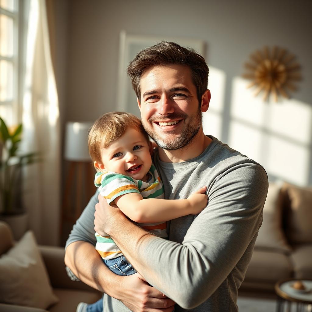 A warm, emotional scene of a father holding his child in a loving embrace