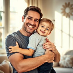 A warm, emotional scene of a father holding his child in a loving embrace