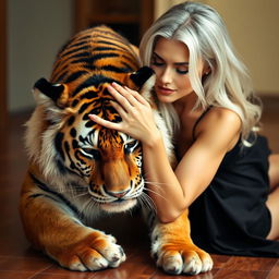 A striking image of a woman with stunning contrasting white and black hair, her manicured nails elegantly accentuating her gentle demeanor
