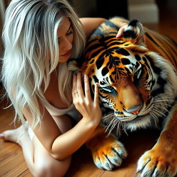 A striking image of a woman with stunning contrasting white and black hair, her manicured nails elegantly accentuating her gentle demeanor