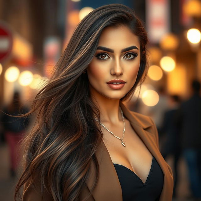 A stunning portrait of a beautiful woman inspired by Rihane, with long flowing hair and captivating eyes that exude confidence and charm