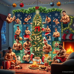 A festive Christmas-themed scene featuring a creative advent calendar with an all-male bodybuilder theme