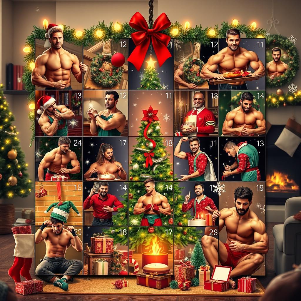 A festive Christmas-themed scene featuring a creative advent calendar with an all-male bodybuilder theme