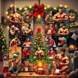 A festive Christmas-themed scene featuring a creative advent calendar with an all-male bodybuilder theme