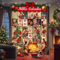 A festive Christmas-themed scene featuring a creative advent calendar with an all-male bodybuilder theme