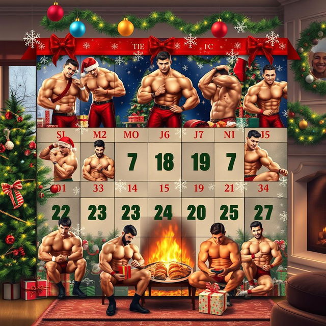 A festive Christmas-themed scene featuring a creative advent calendar with an all-male bodybuilder theme