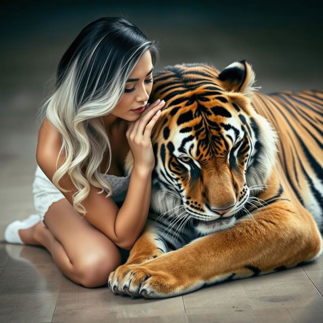 A captivating scene featuring a woman kneeling on the floor, with striking white and black hair styled elegantly