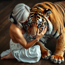 A captivating scene featuring a woman kneeling on the floor, with striking white and black hair styled elegantly